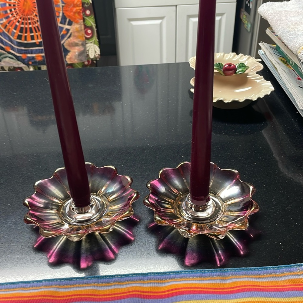 Pair of Carnival Glass Federal candle holders.